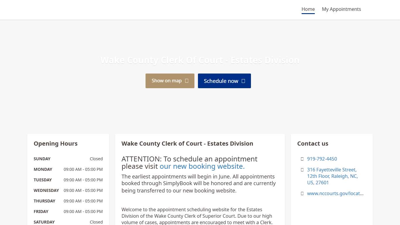 Wake County Clerk of Court - Estates Division Scheduling and Booking Website